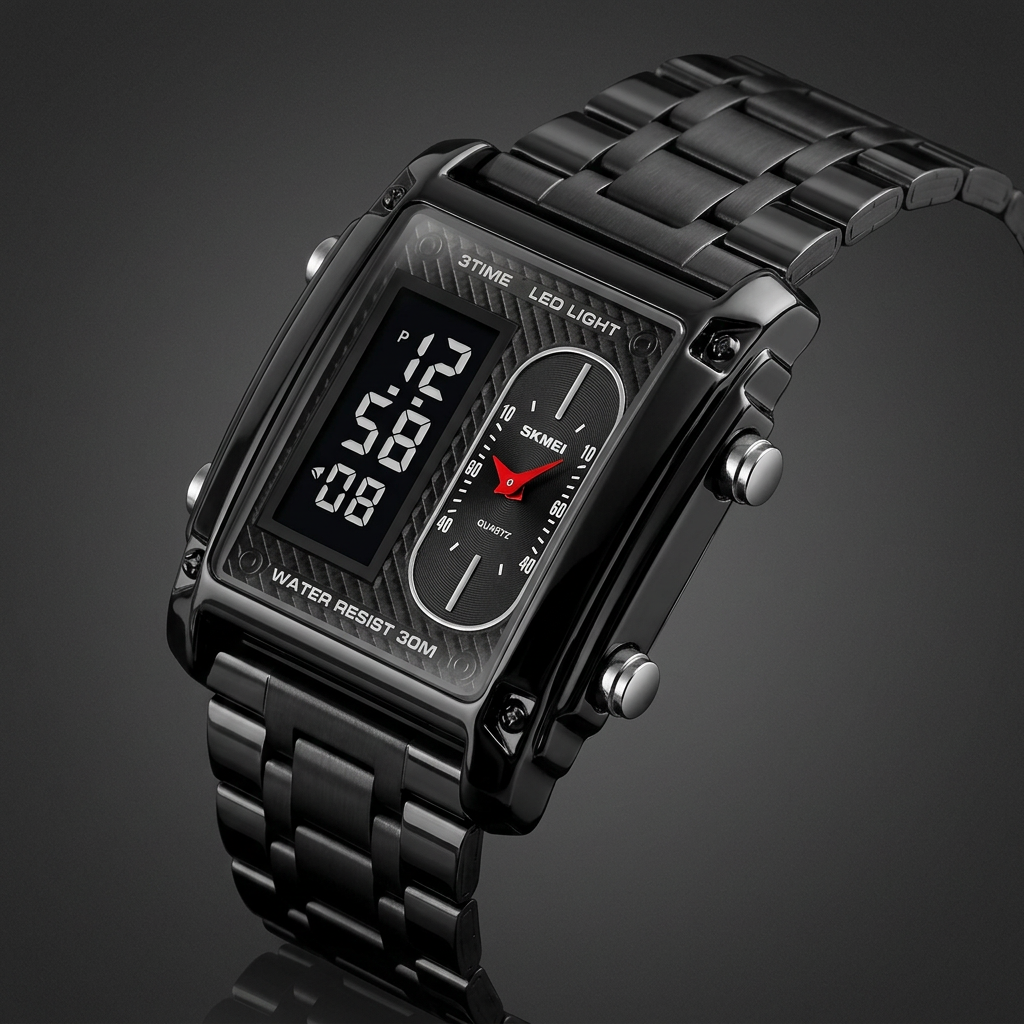Black Steel rectangular dual-display wristwatch