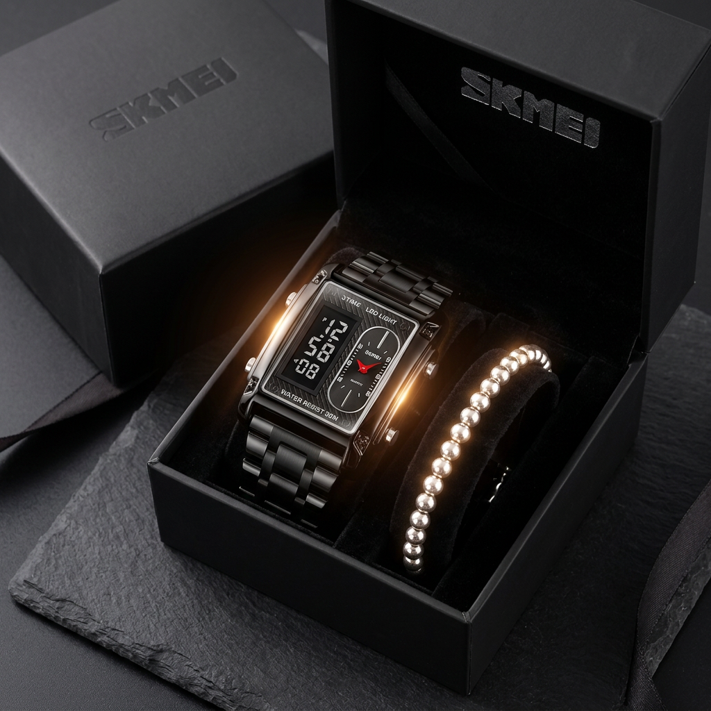 How it arrives — Boxed, with the free bracelet beside it