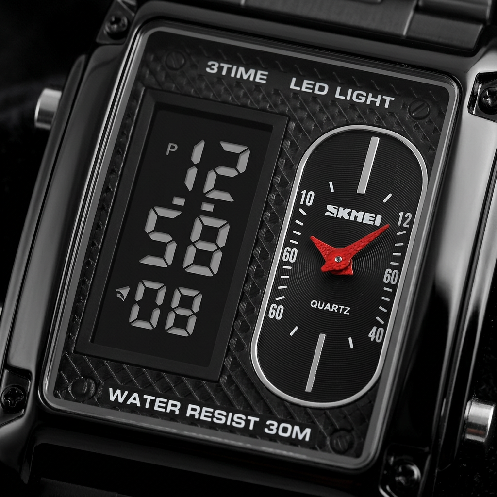 The dial — Brushed steel, dual display, no plastic anywhere