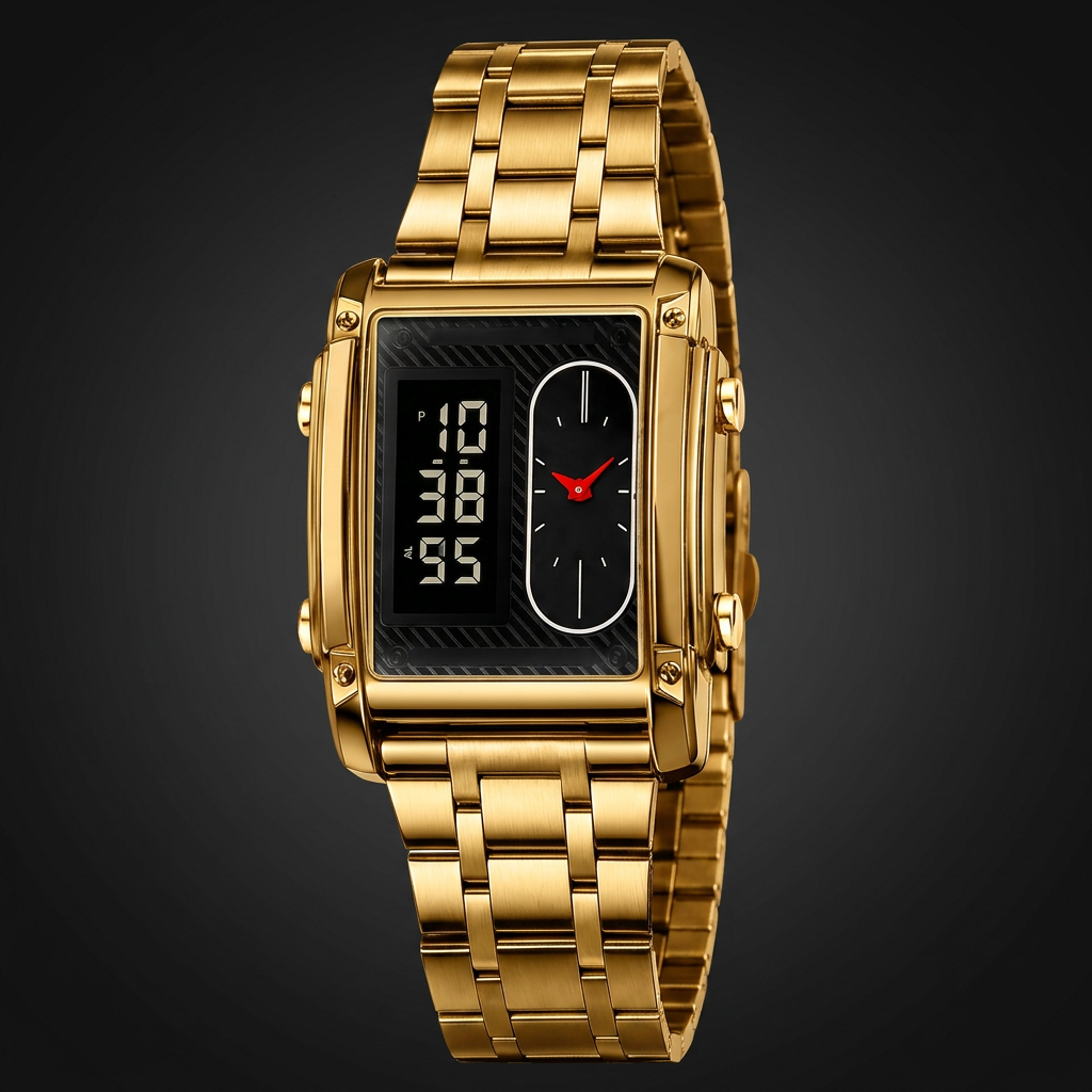 Gold rectangular dual-display wristwatch